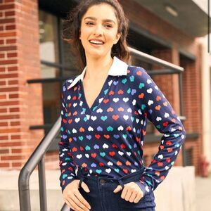 Modcloth Timeless Falling Leaves Top Navy Multicolor Heart Print Blouse XL